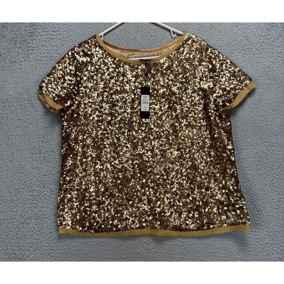 Talbots Shirt Womens 16P Petite Brown Sequins‎ Silk Short Sleeve Top Blouse NEW - Picture 1 of 10